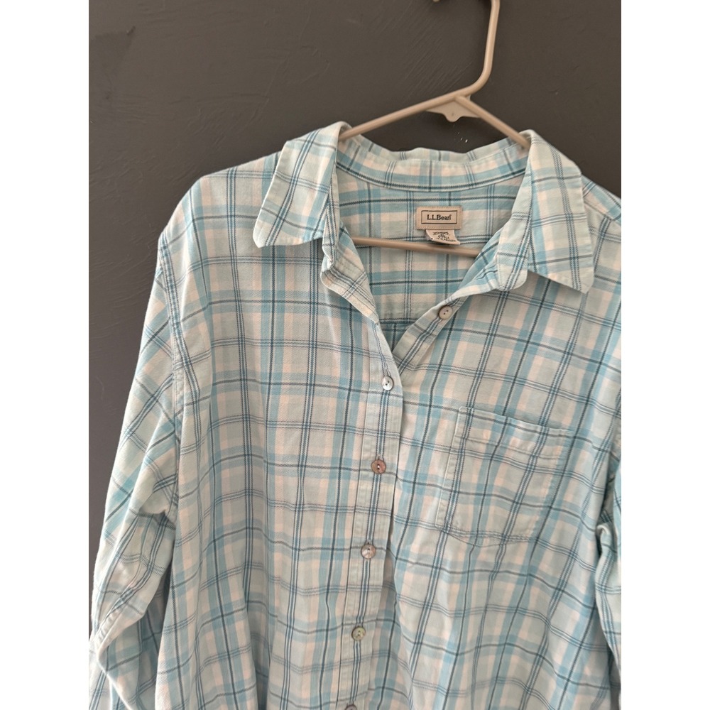 LL Bean Womens XL Blue White Plaid Flannel Button Down Cotton Shirt 0FFL1 - Picture 2 of 6